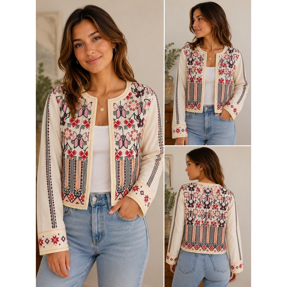 Chelsea & Violet Jacket Embroidered Boho Floral Ivory Pink Red Size XS